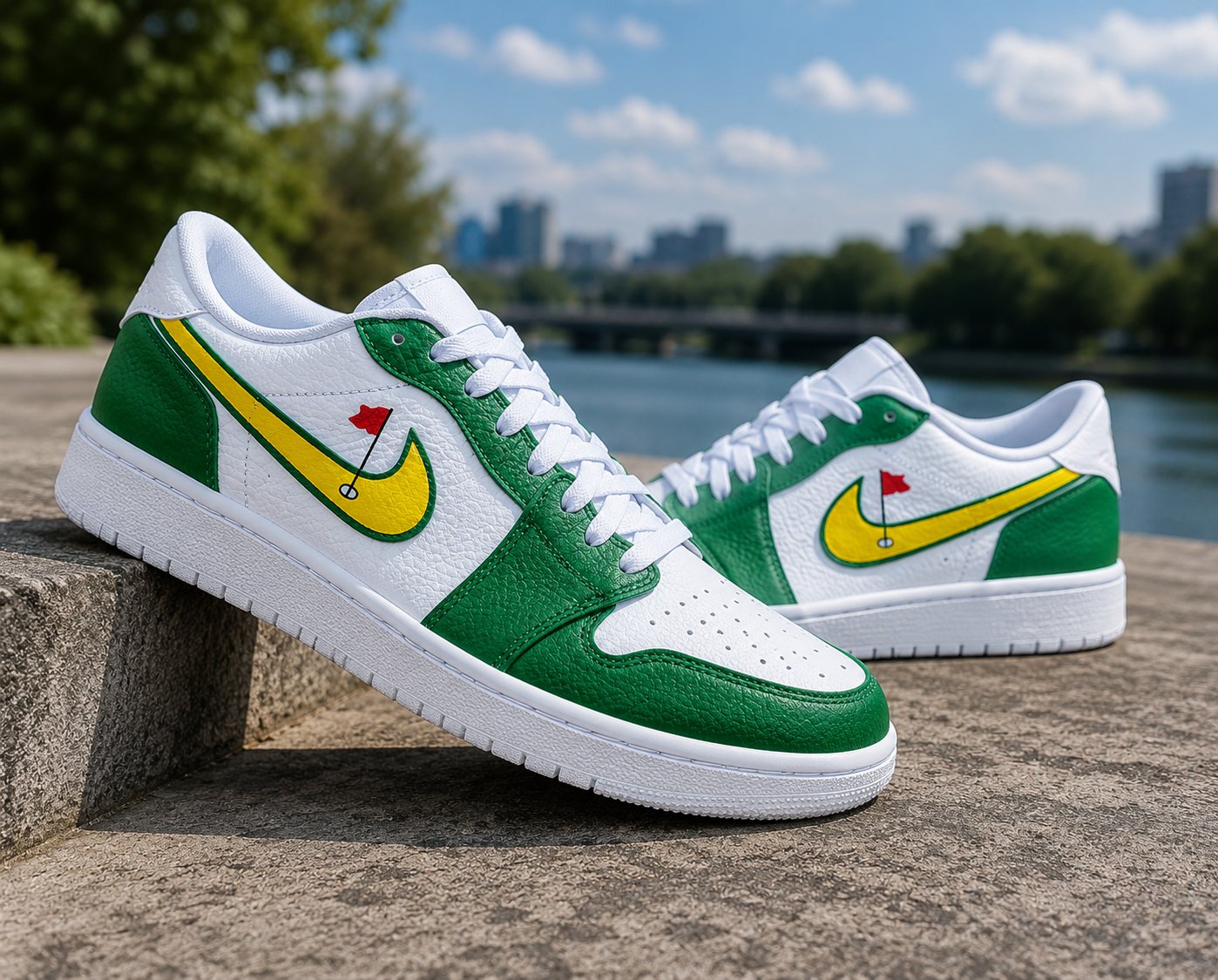 Jordan 1 Low green/yellow golf flag city backdrop custom hand-painted sneaker