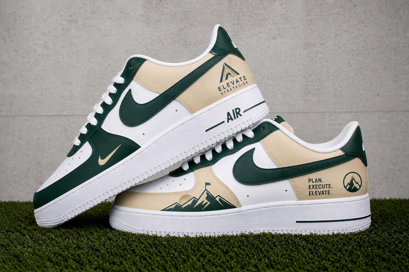 ELEVATE STRATEGIES corporate branded Air Force 1 — custom logo sneaker