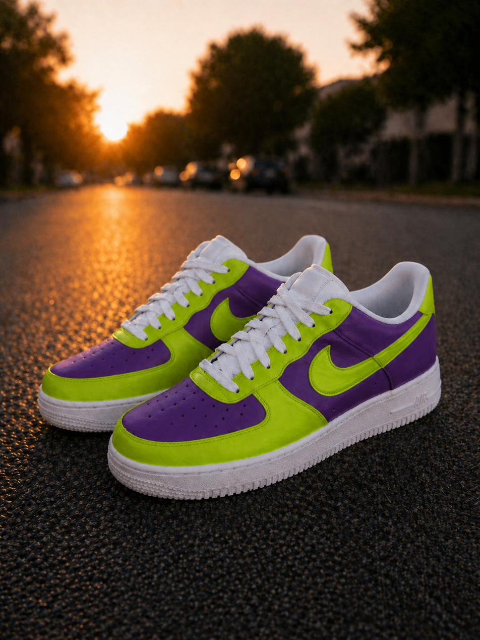 Purple & Lime Green Sunset — custom hand-painted sneaker by StyleReels
