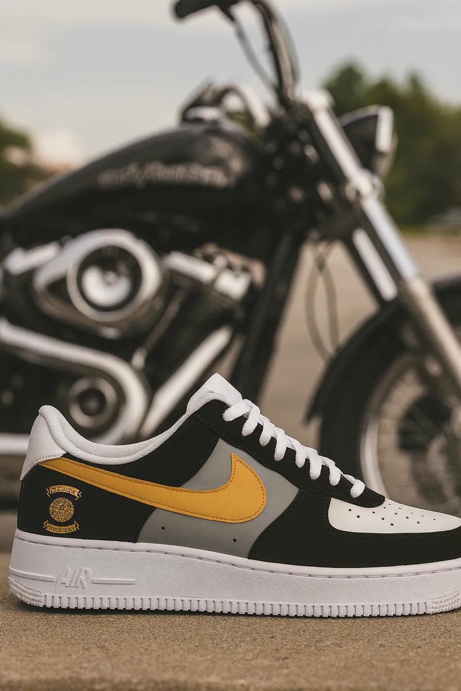 Custom Air Force 1 blackgoldbikerbadgehand-painted