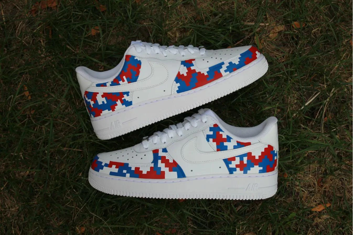 Red & Blue Pixel Camo — custom hand-painted sneaker by StyleReels