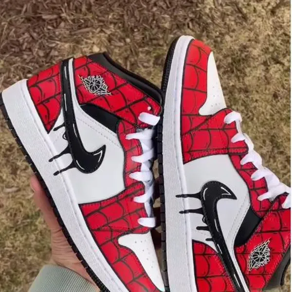 Custom Jordan 1 High redblackwebpatternhand-painted