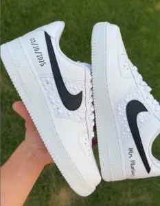 Matching custom sneakers for couples — pink heart edition his and hers AF1