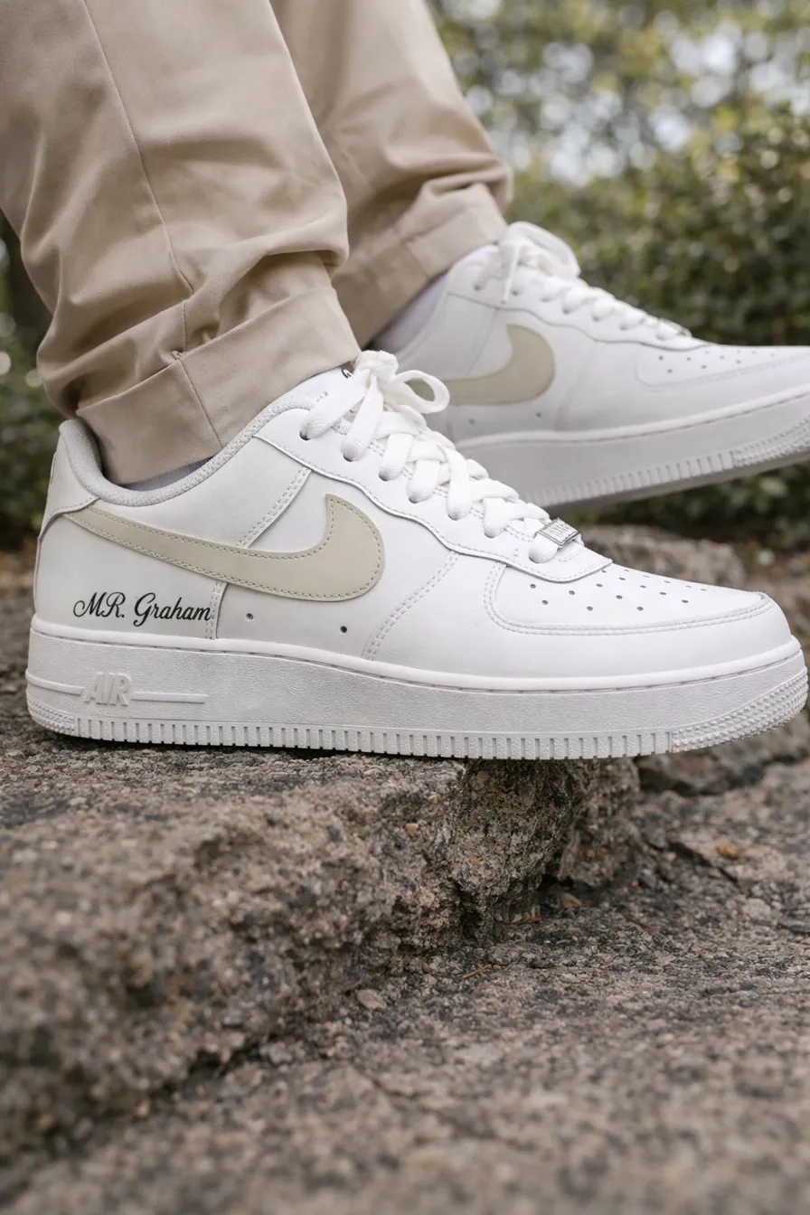 Custom Just Married gold edition Air Force 1s wedding sneakers