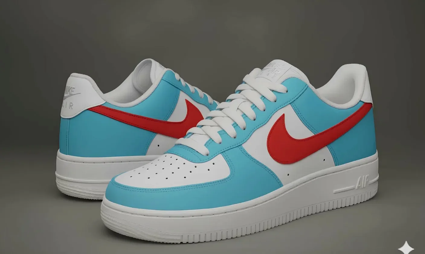 Custom Air Force 1 Low Aqua Red Colorblock Hand Painted Sneakers 001