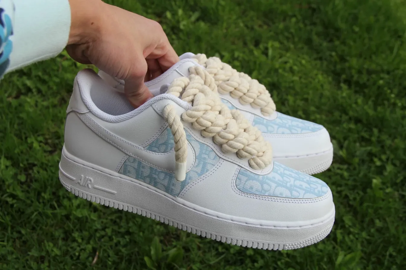 Custom Air Force 1 Low Baby Blue Crochet Panels Hand Painted Sneakers 001