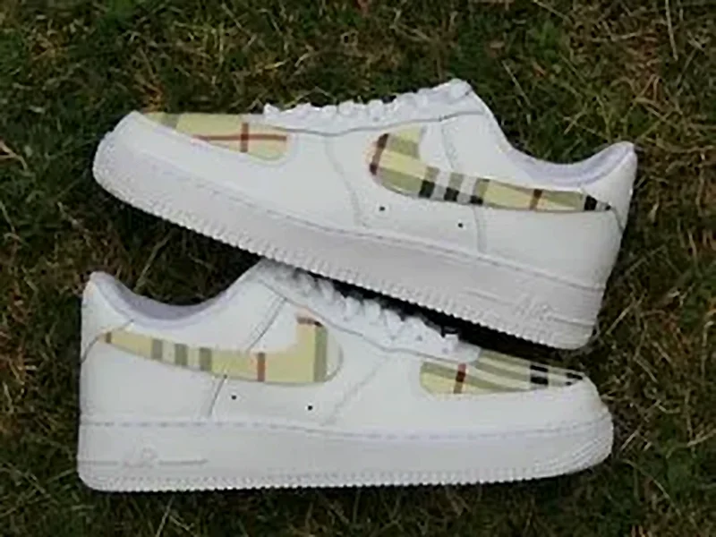 Classic Burberry-inspired custom AF1 High — designer aesthetic hand-painted high top showing ankle collar canvas