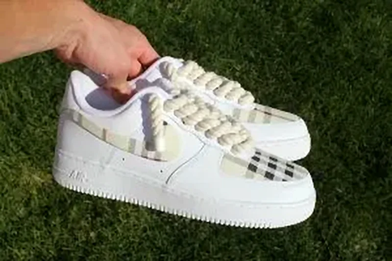 Custom Air Force 1 Low Beige Burberry Inspired Plaid Hand Painted Sneakers 003