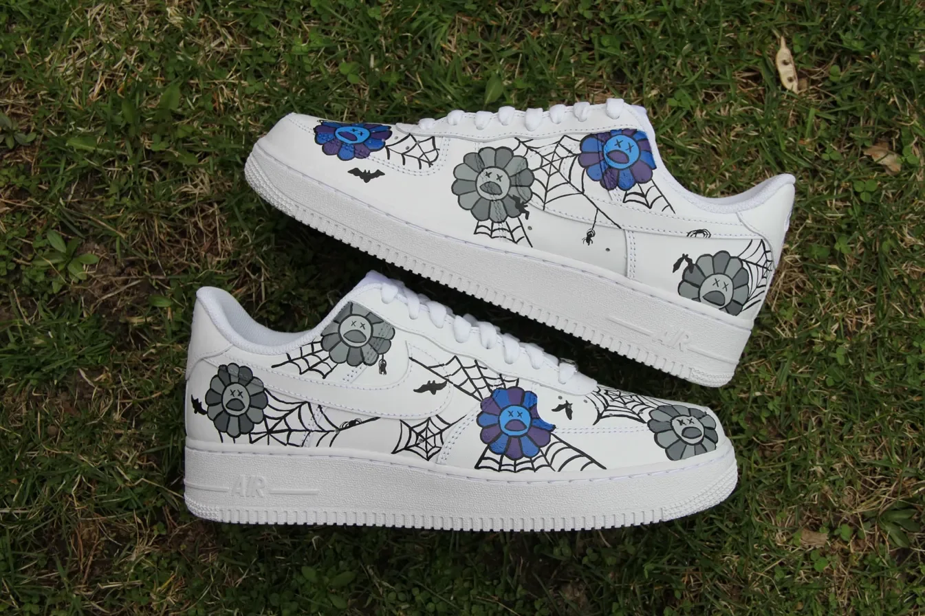 Custom Air Force 1 Low Black Blue Floral Outline Hand Painted Sneakers 001