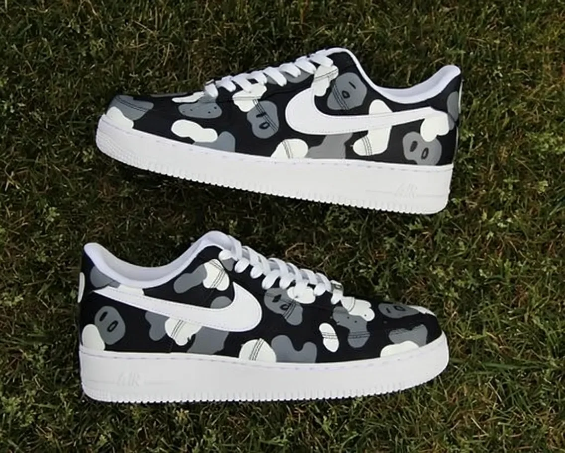 Custom Air Force 1 Low Black Blue Hand Painted Art Hand Painted Sneakers 001