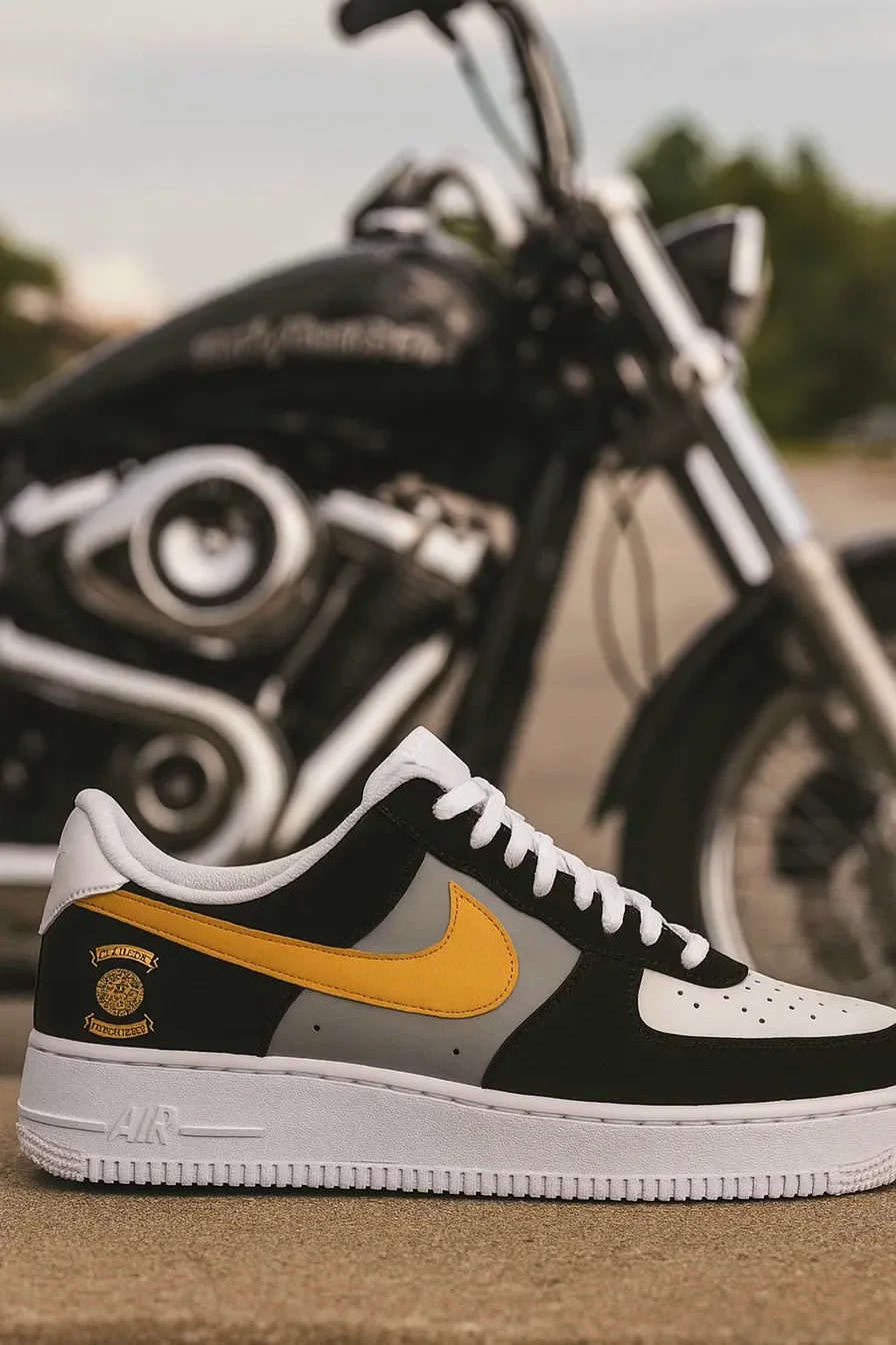 Custom Air Force 1 Low Black Gold Biker Badge Hand Painted Sneakers 001