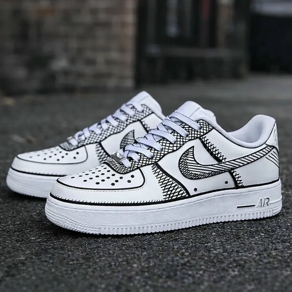 Custom Air Force 1 Low Black Gray Hand Painted Art Hand Painted Sneakers 007