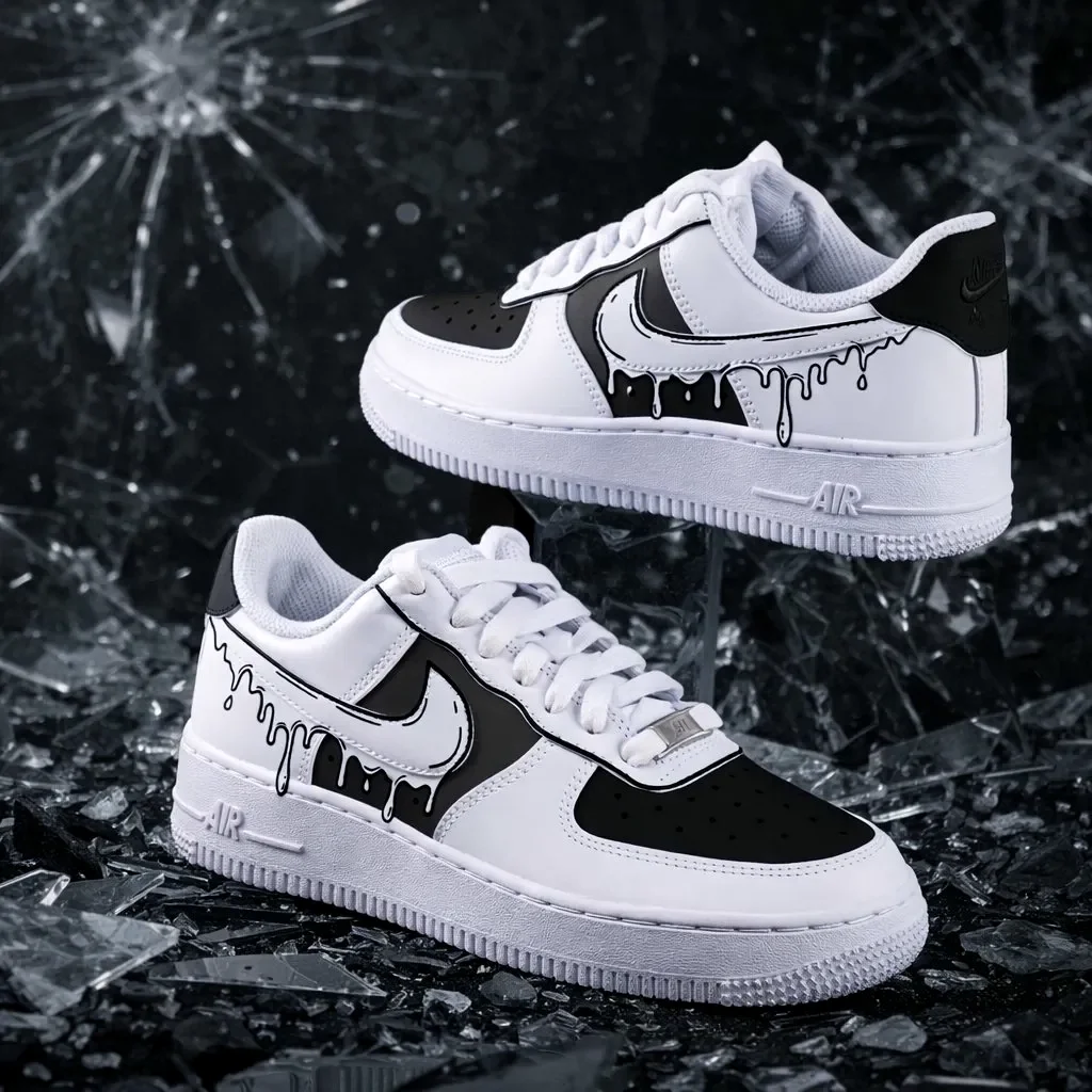 Custom Air Force 1 Low Black Gray Hand Painted Art Hand Painted Sneakers 010