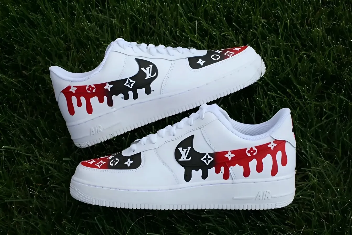 Custom Air Force 1 Low Black Red Drip Hand Painted Sneakers 001