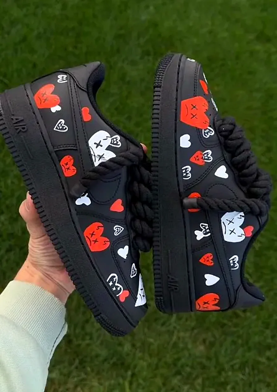 Custom Air Force 1 Low Black Red Skull Badge Hand Painted Sneakers 001