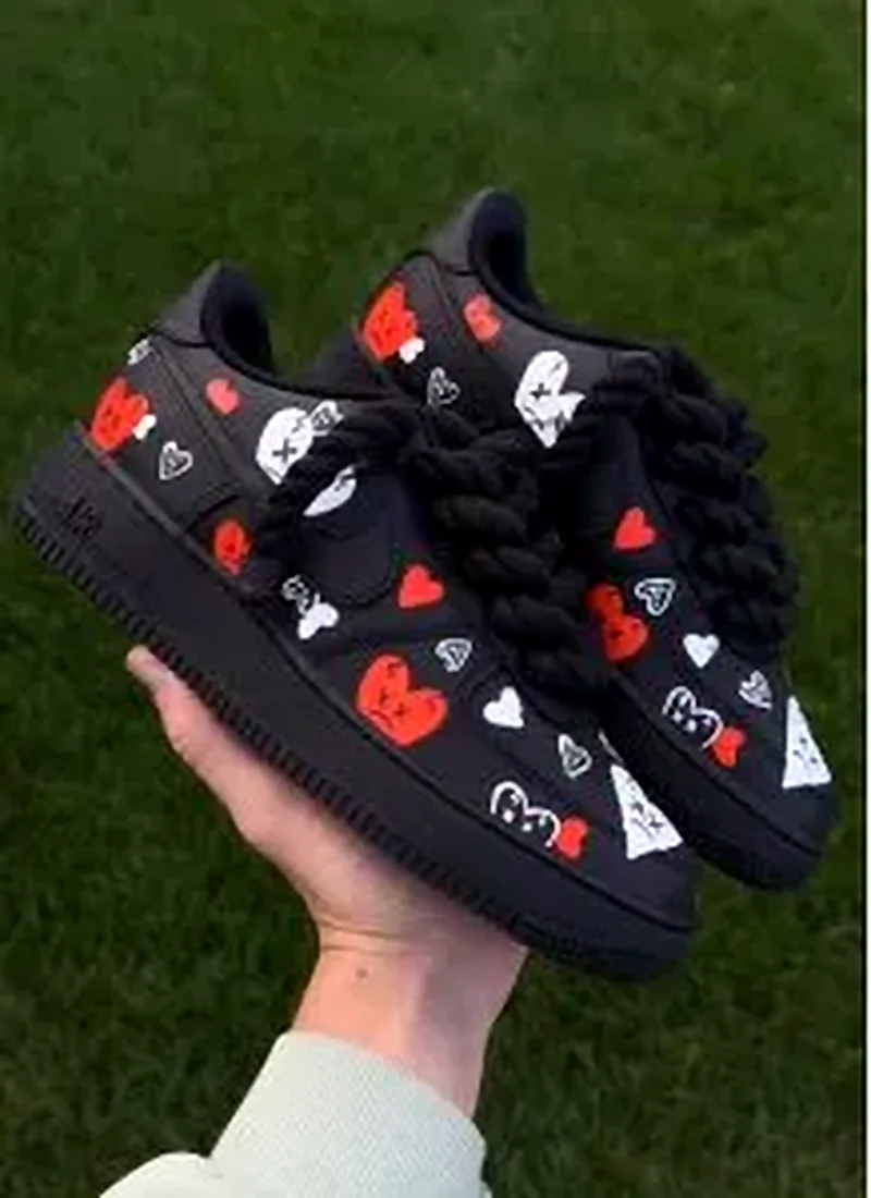 Custom Air Force 1 Low Black Red Skull Badge Hand Painted Sneakers 002