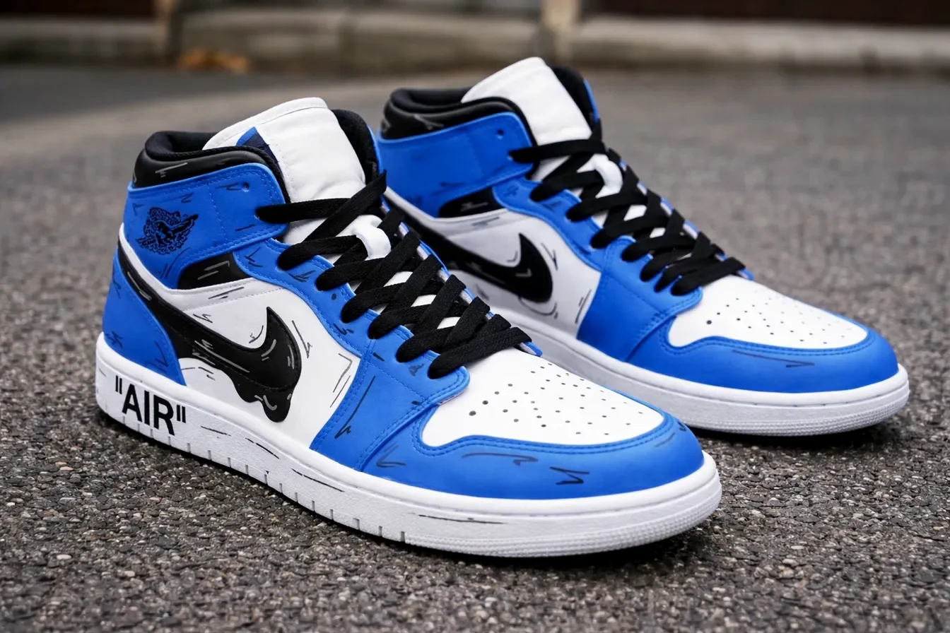 Custom Air Force 1 Low Black Teal Hand Painted Art Hand Painted Sneakers 002