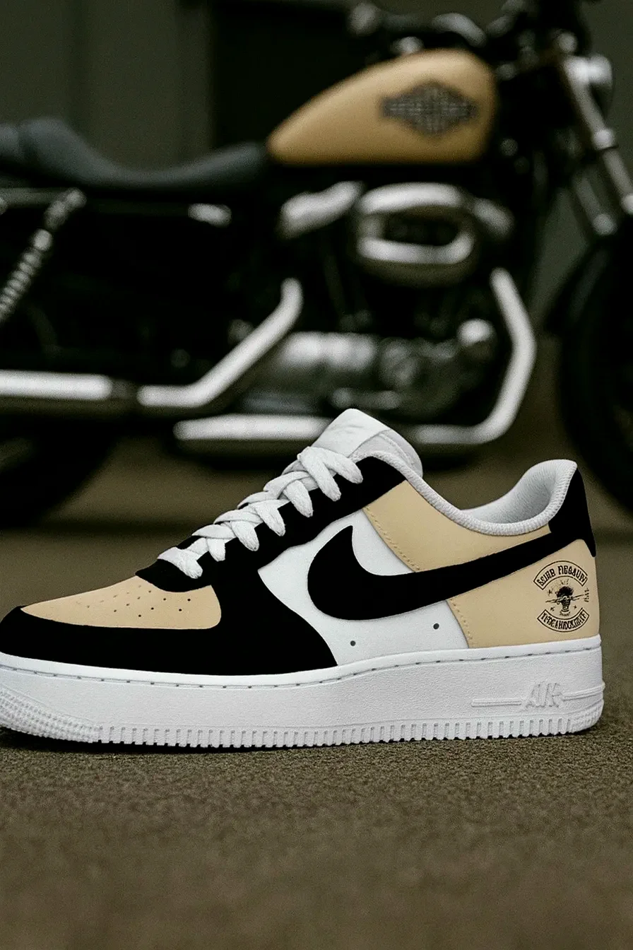 Custom Air Force 1 Low Black White Biker Badge Hand Painted Sneakers 001