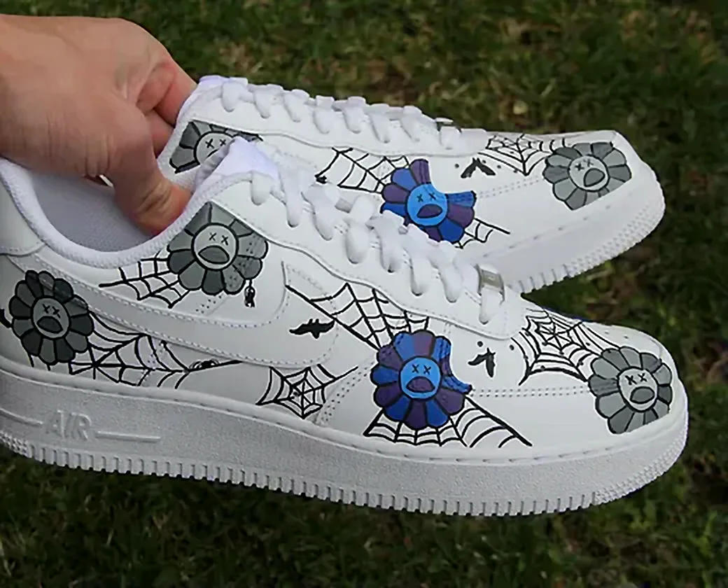 Custom Air Force 1 Low Blue Black Floral Outline Hand Painted Sneakers 001