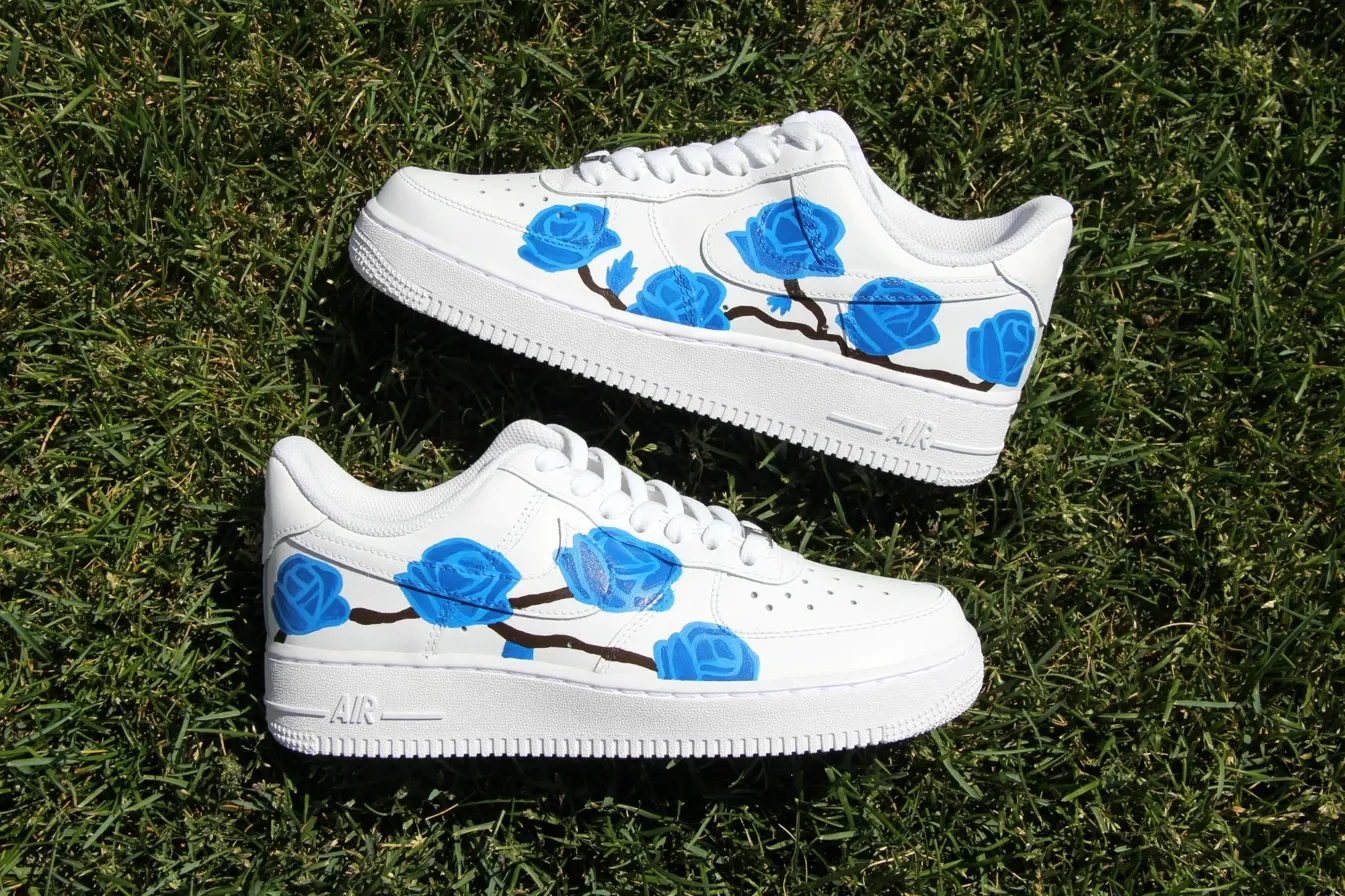 Custom Air Force 1 Low Blue Floral Rose Outline Hand Painted Sneakers 001