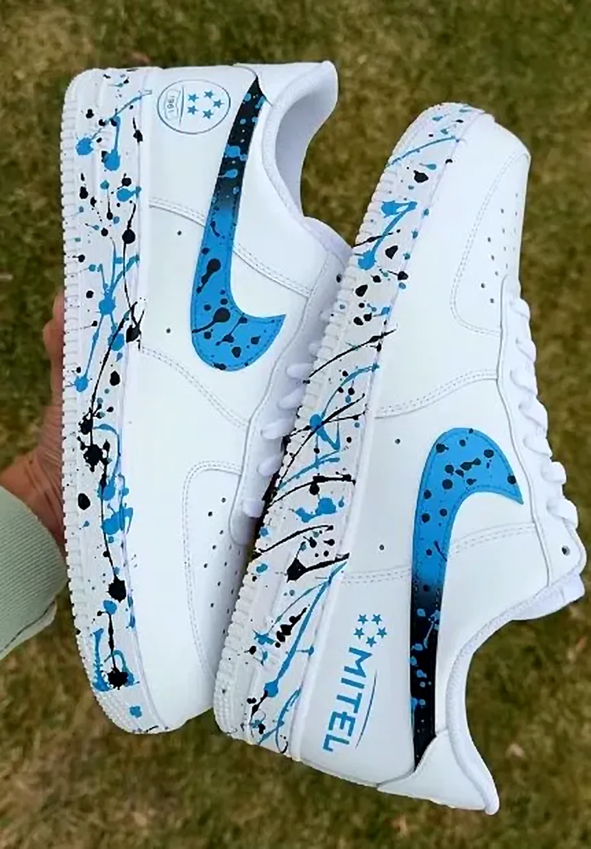 Custom Air Force 1 Low Blue Paint Splatter Name Hand Painted Sneakers 001