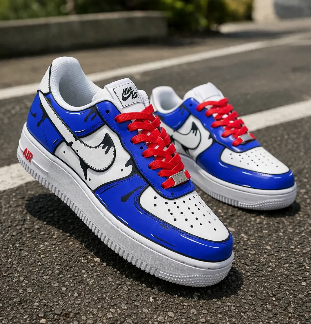Custom Air Force 1 Low Blue Red Cartoon Lace Hand Painted Sneakers 001