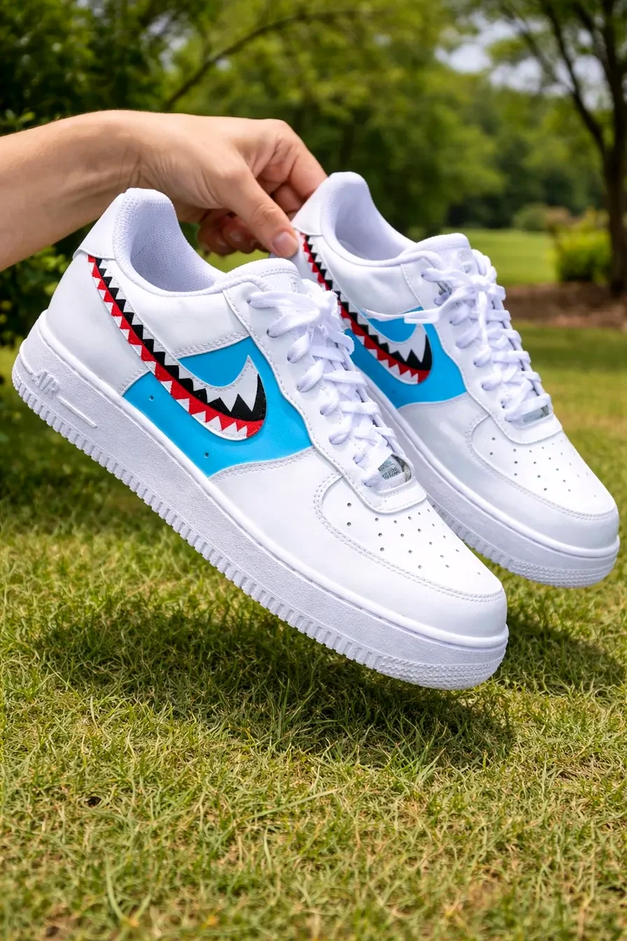 Custom Air Force 1 Low Blue Shark Teeth Hand Painted Sneakers 001