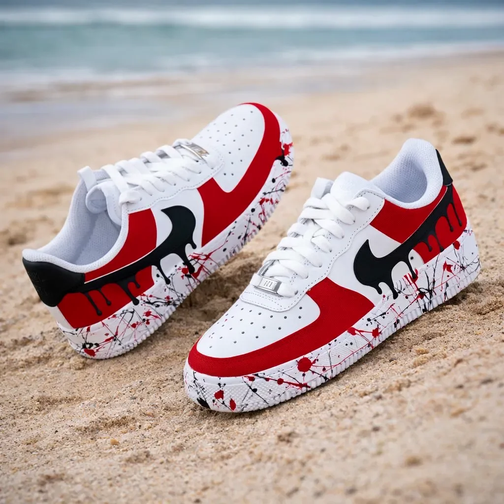 Custom Air Force 1 Low Gray Red Pattern Detail Hand Painted Sneakers 001