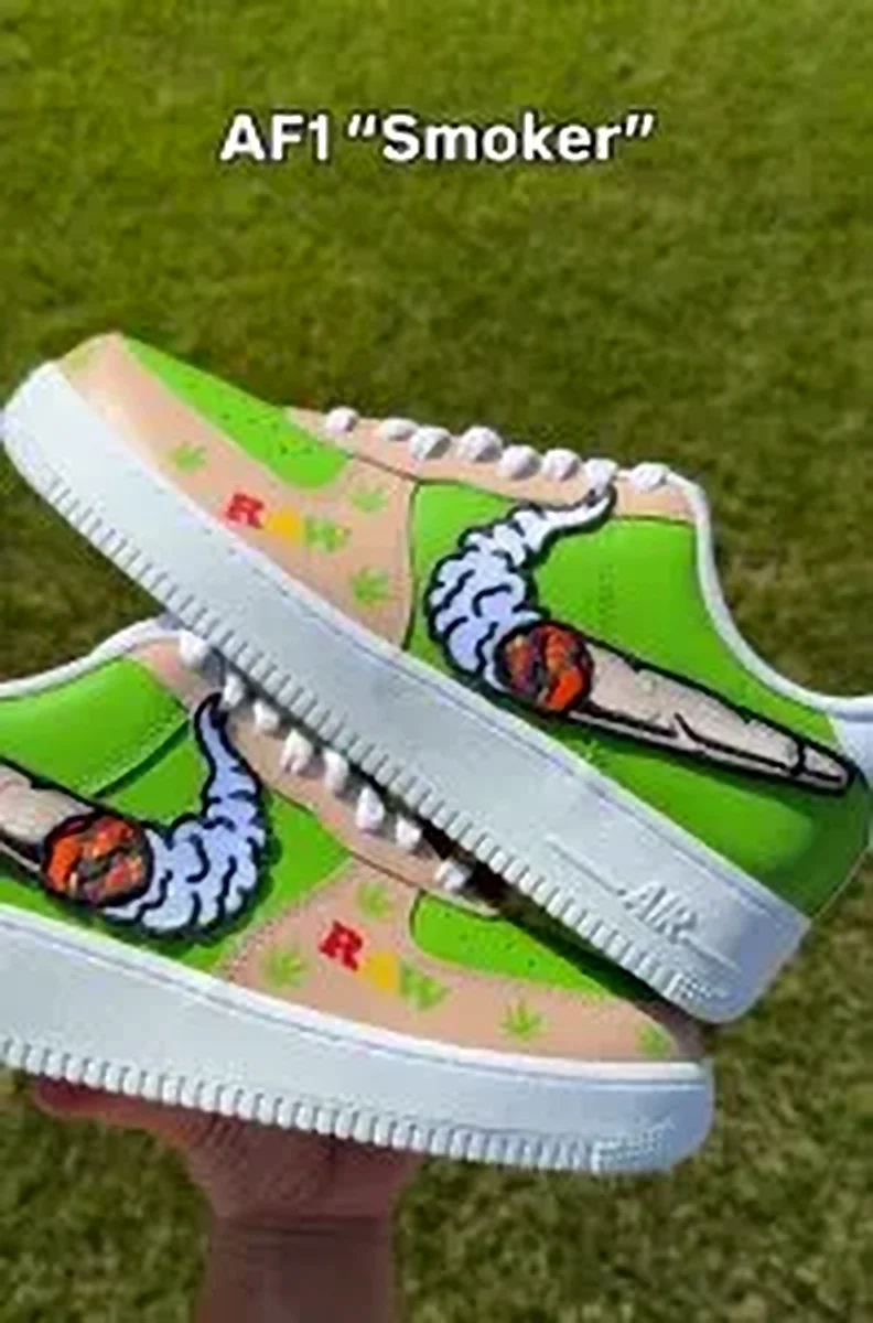 Custom Air Force 1 Low Green Cartoon Smoker Graphic Hand Painted Sneakers 001
