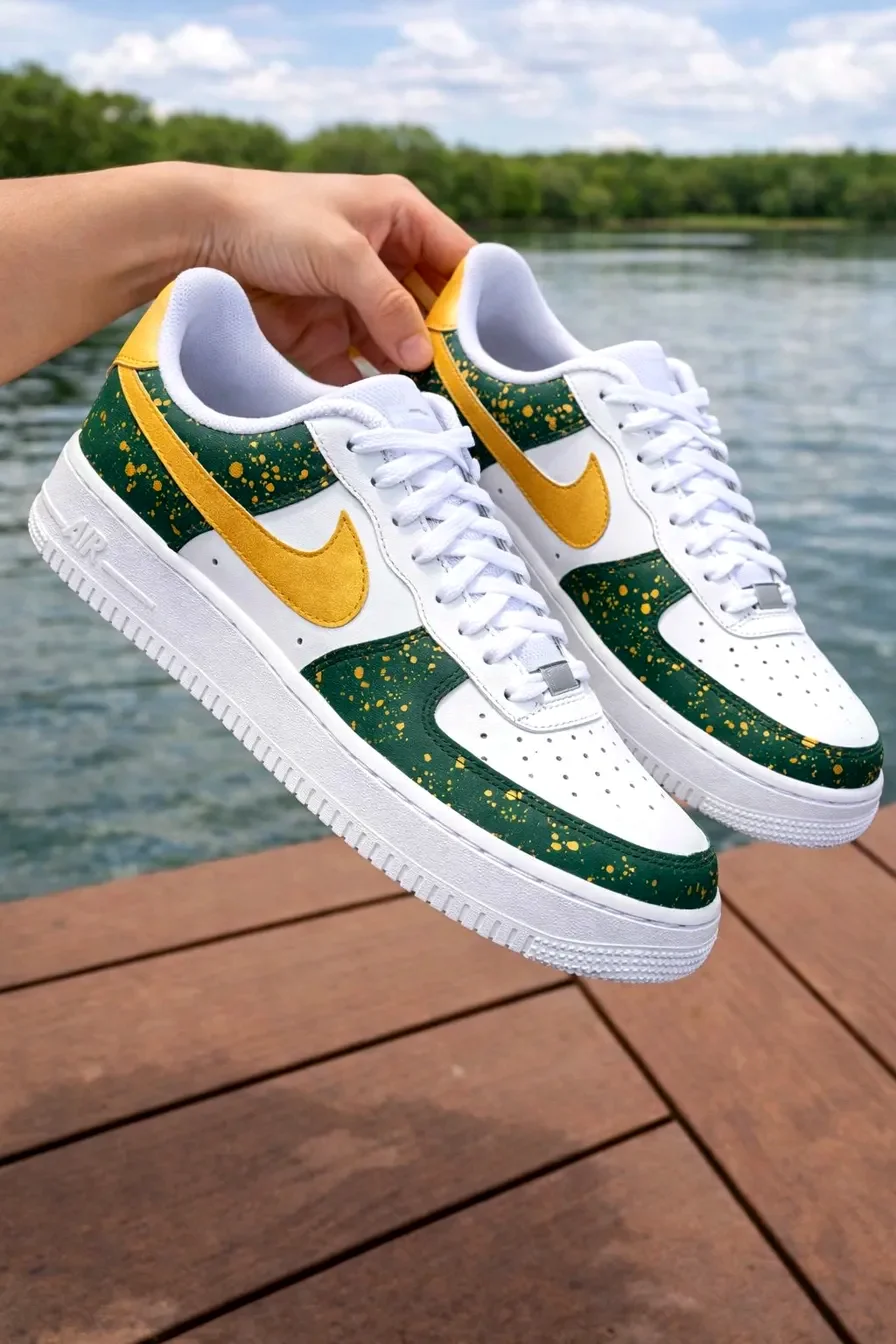 Custom Air Force 1 Low Green Yellow Lake Colorblock Hand Painted Sneakers 001