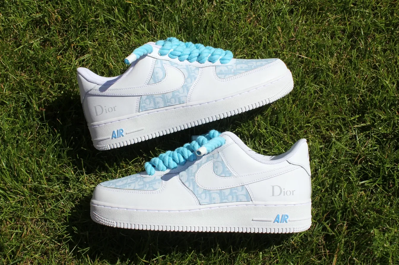 Custom Air Force 1 Low Icy Blue Monogram Panels Hand Painted Sneakers 001