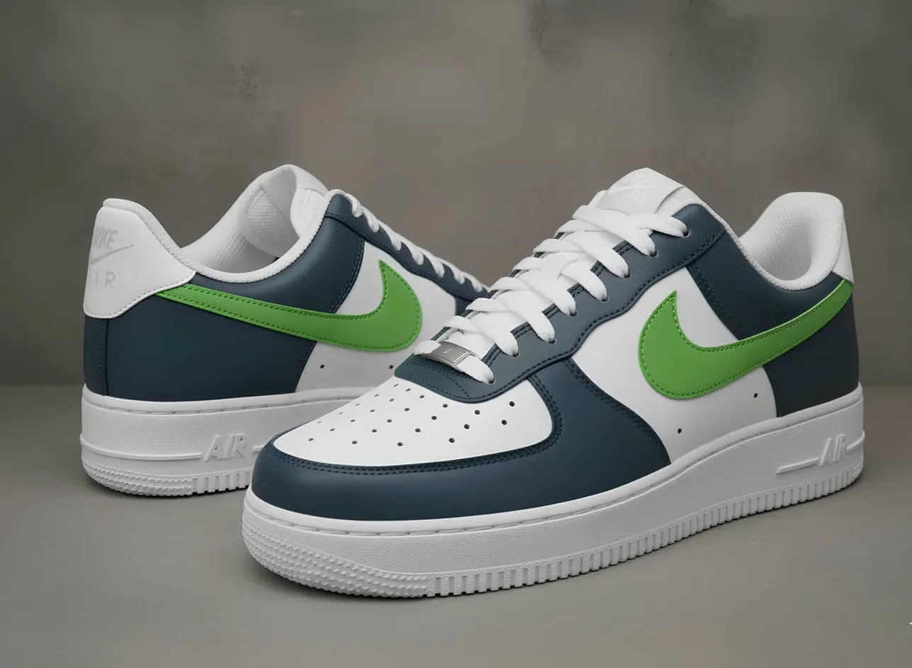 Custom Air Force 1 Low Navy Green Colorblock Hand Painted Sneakers 001