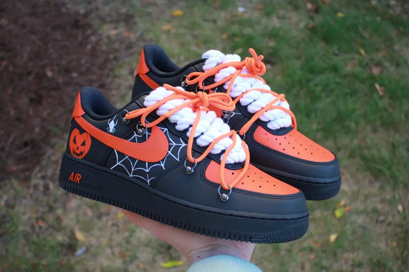 Custom Air Force 1 Low Orange Black Halloween Web Hand Painted Sneakers 001