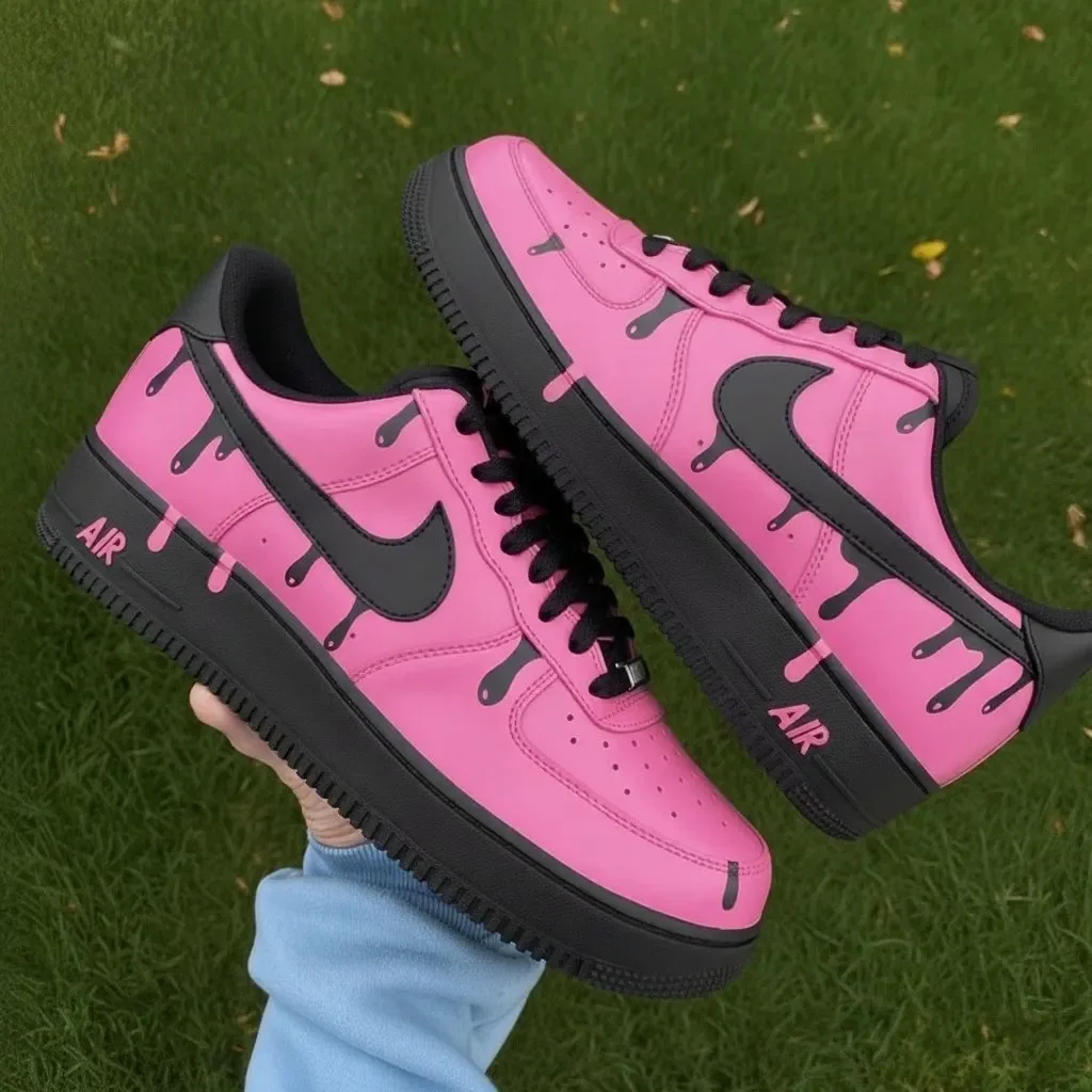 Custom Air Force 1 Low Pink Black Drip Hand Painted Sneakers 001