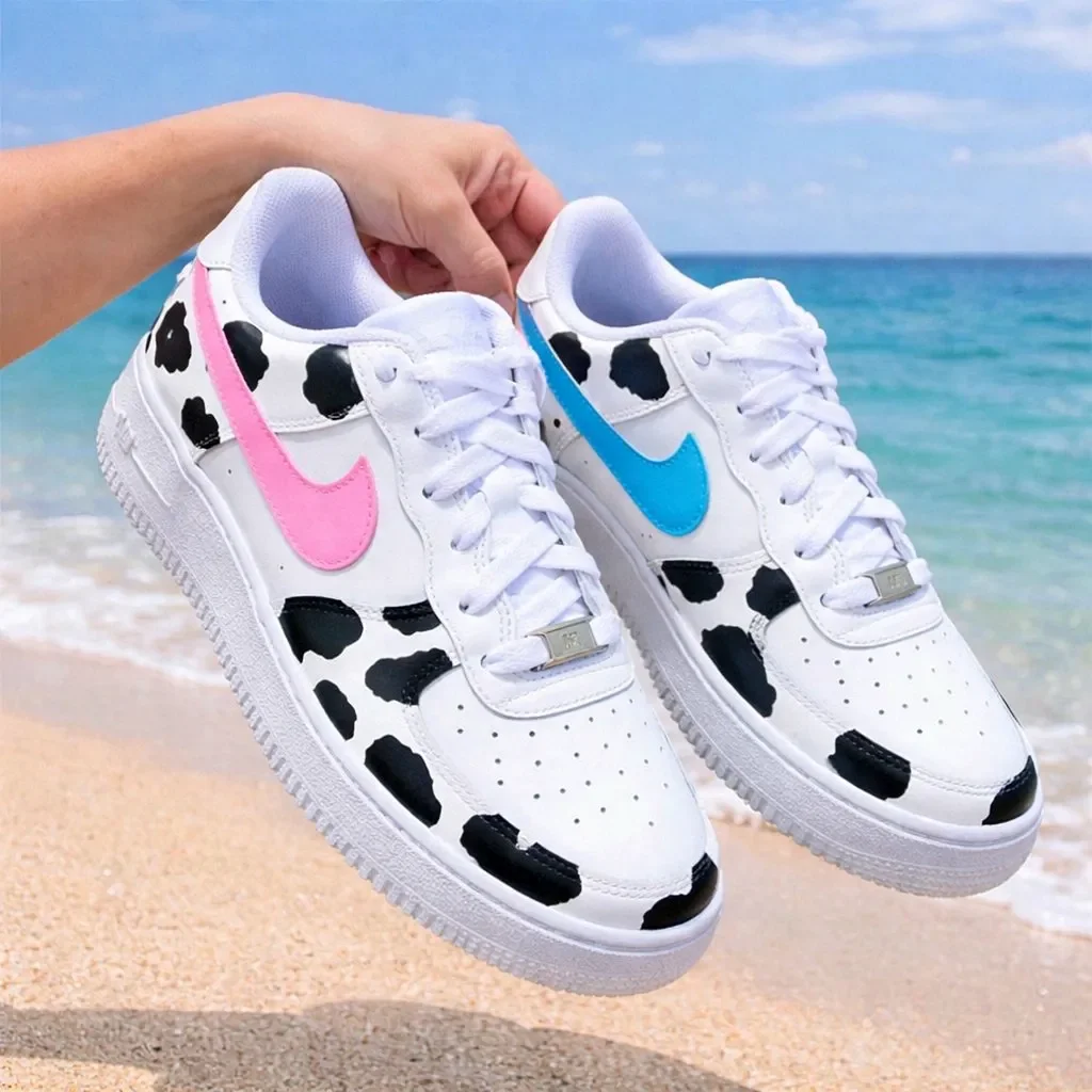 Custom Air Force 1 Low Pink Blue Cow Print Hand Painted Sneakers 001