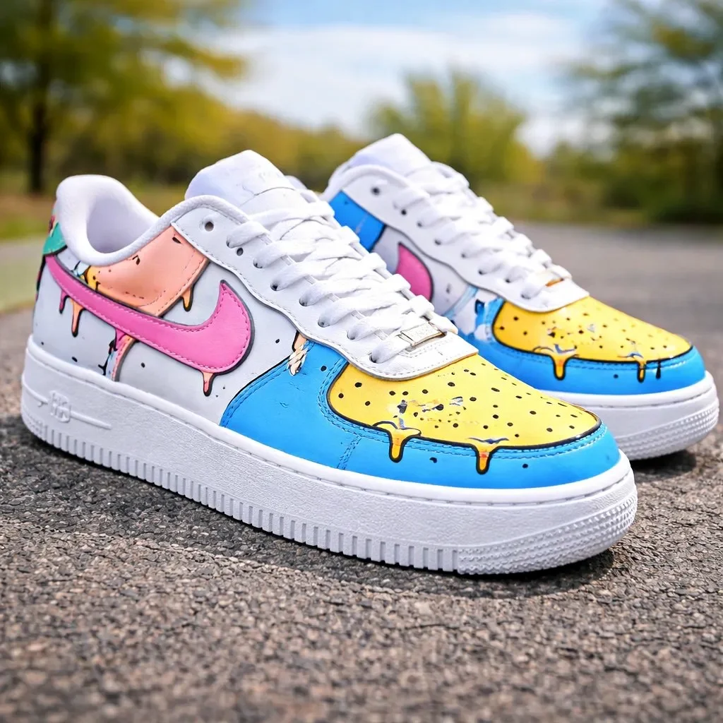 Custom Air Force 1 Low Pink Blue Yellow Drip Colorblock Hand Painted Sneakers 00