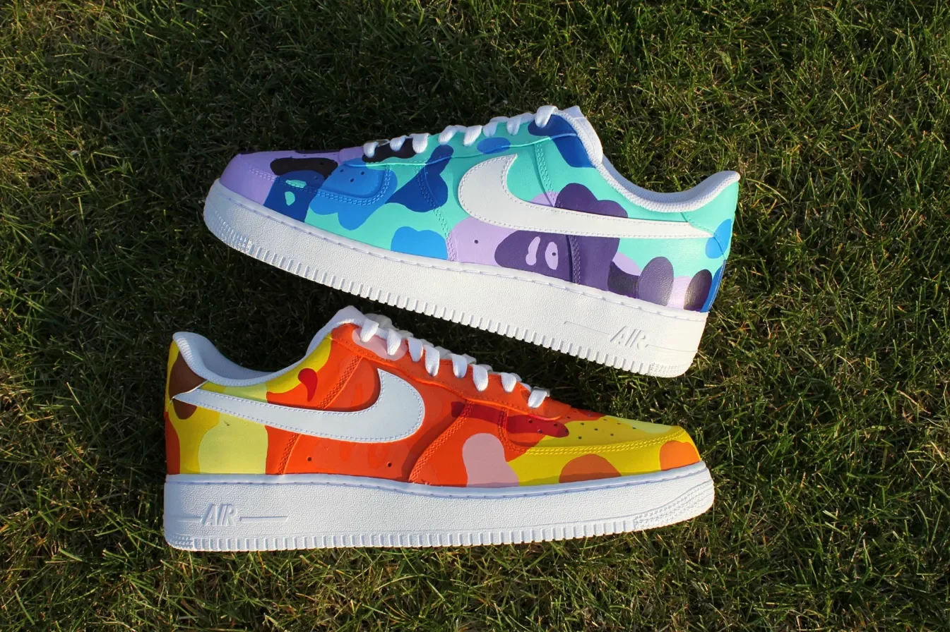 Custom Air Force 1 Low Purple Orange Camo Colorblock Hand Painted Sneakers 001