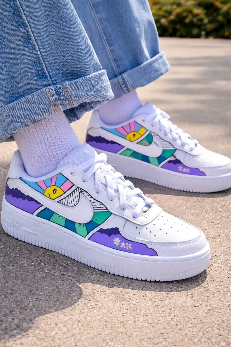 Custom Air Force 1 Low Purple Teal Pastel Cartoon Hand Painted Sneakers 001