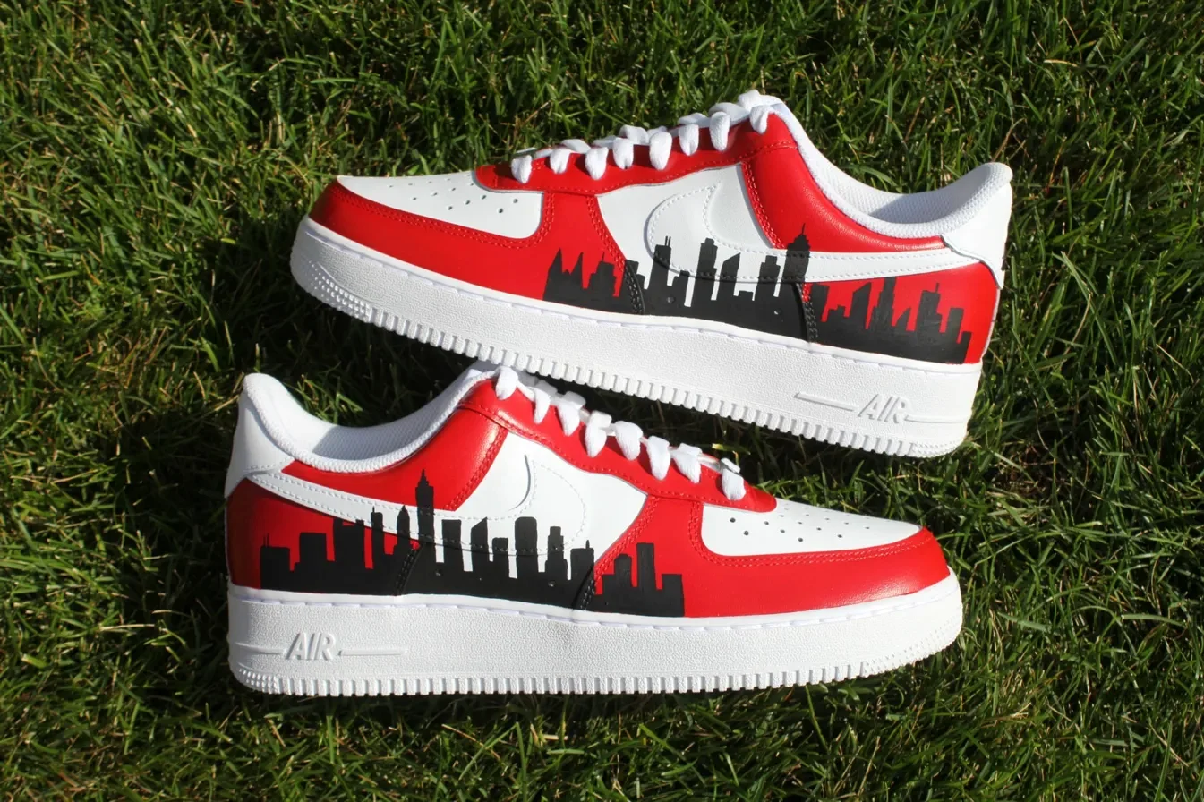 Custom Air Force 1 Low Red Black City Skyline Hand Painted Sneakers 001