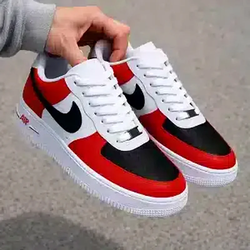 Custom Air Force 1 Low Red Black Classic Colorblock Hand Painted Sneakers 001