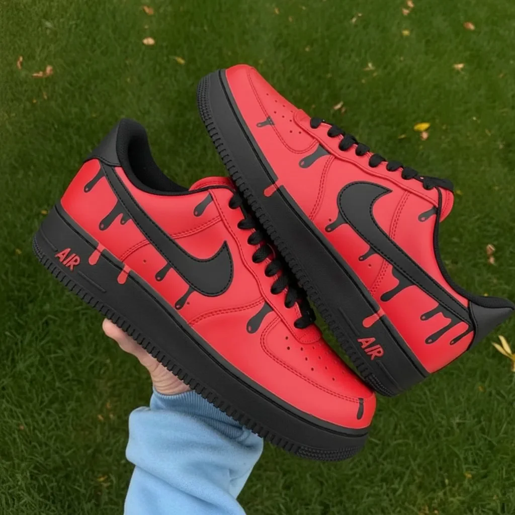 Custom Air Force 1 Low Red Black Drip Hand Painted Sneakers 001