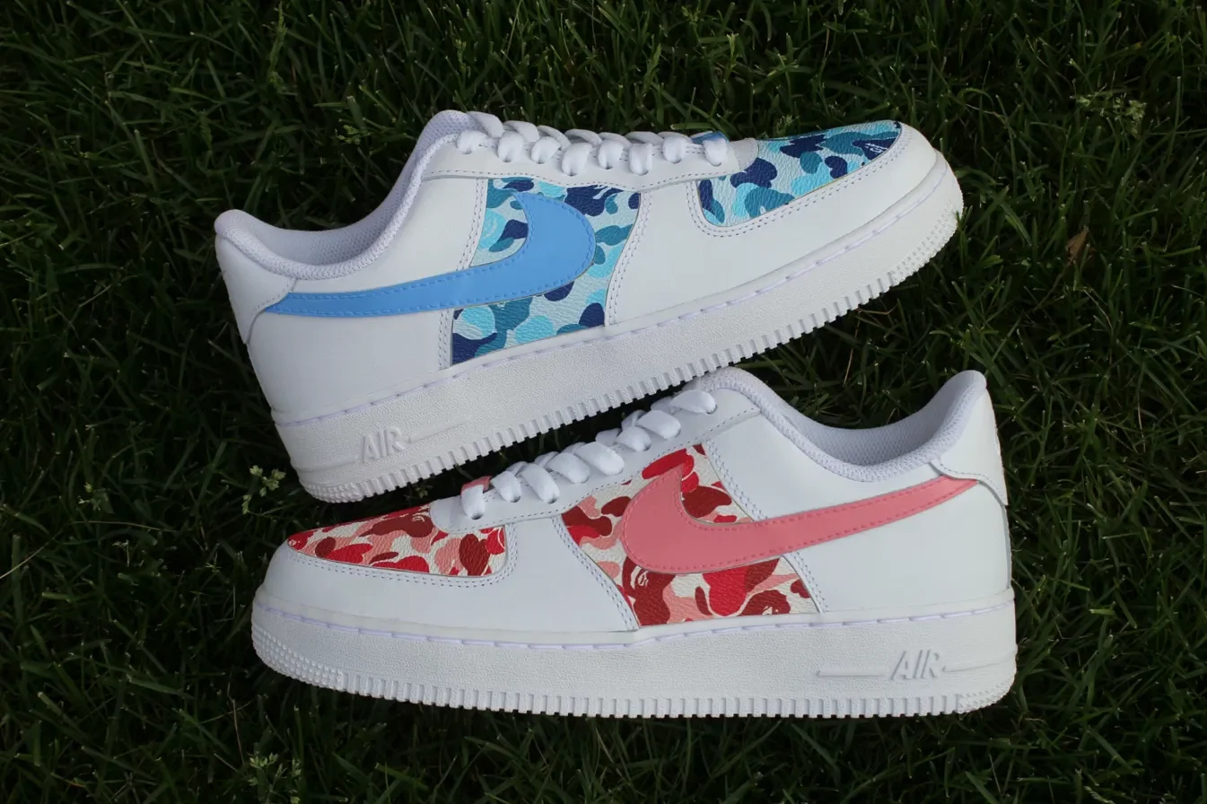 Custom Air Force 1 Low Red Blue Camo Panels Hand Painted Sneakers 001