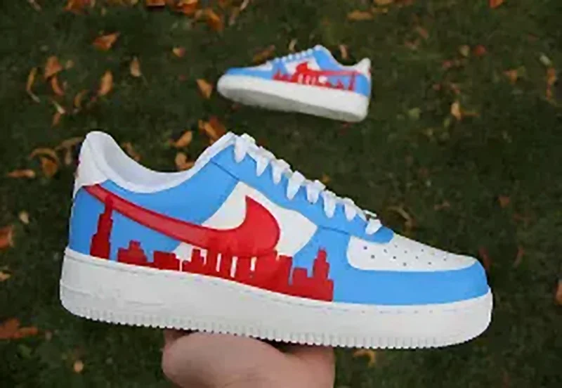 Custom Air Force 1 Low Red Blue City Skyline Hand Painted Sneakers 001