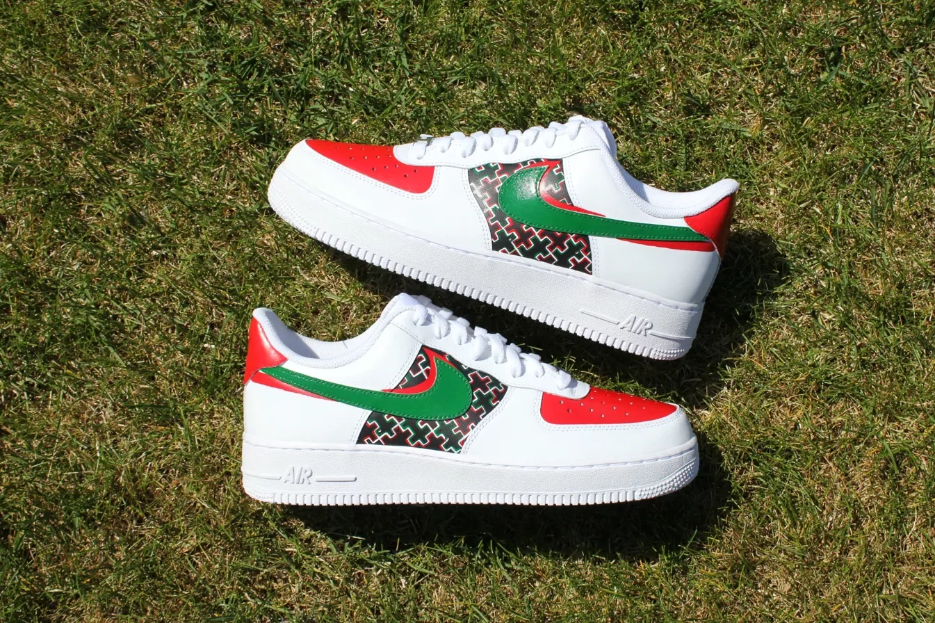 Custom Air Force 1 Low Red Green Snakeskin Swoosh Hand Painted Sneakers 001