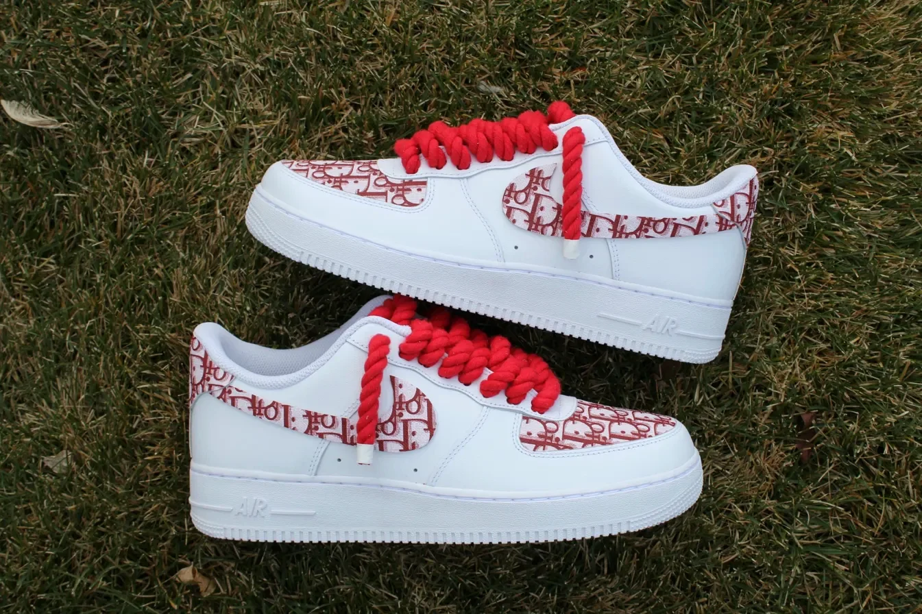 Custom Air Force 1 Low Red Rhinestone Script Pattern Hand Painted Sneakers 001