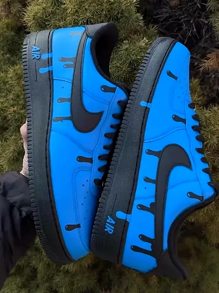 Custom Air Force 1 Low Royal Blue Black Drip Hand Painted Sneakers 001
