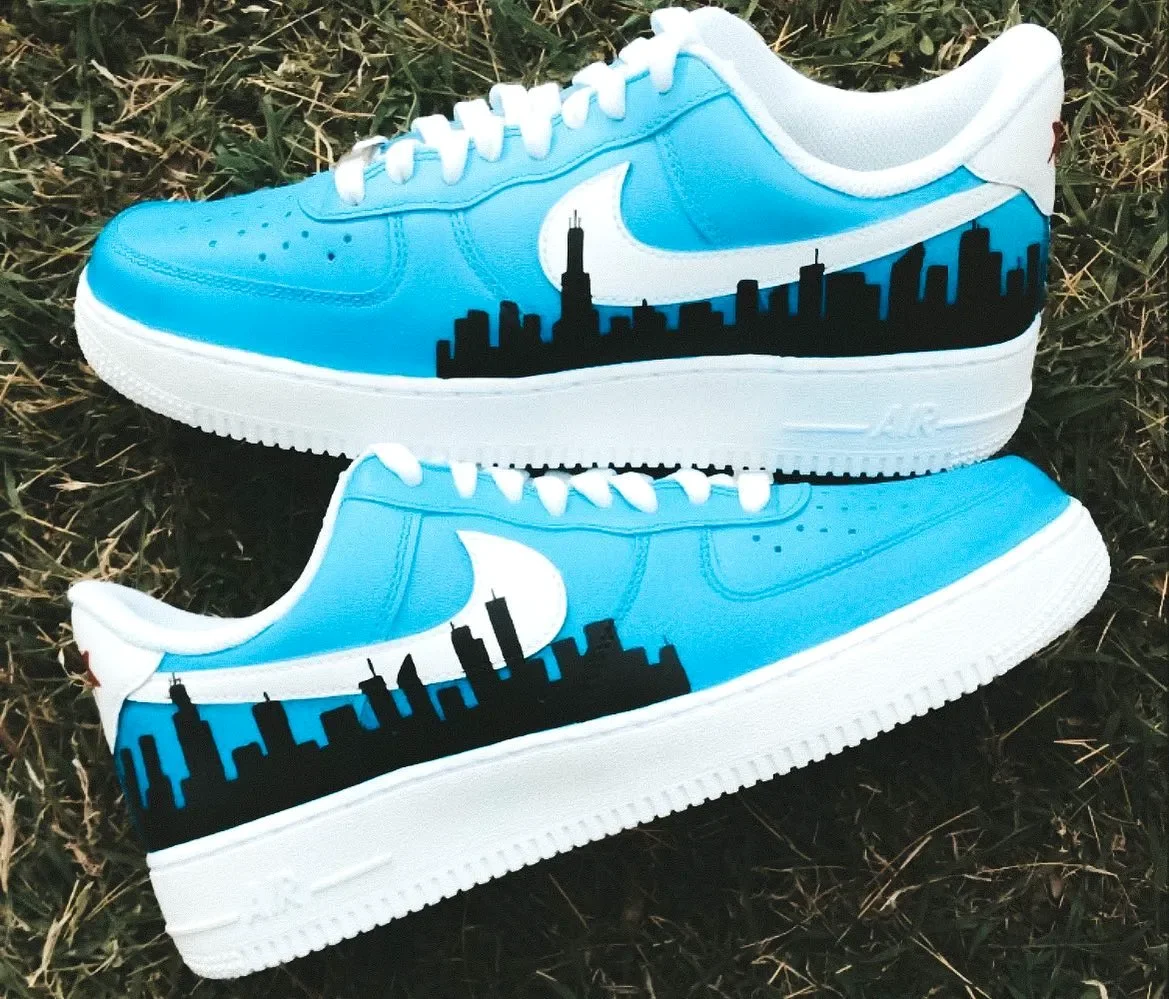 Custom Air Force 1 Low Turquoise Black City Skyline Hand Painted Sneakers 001