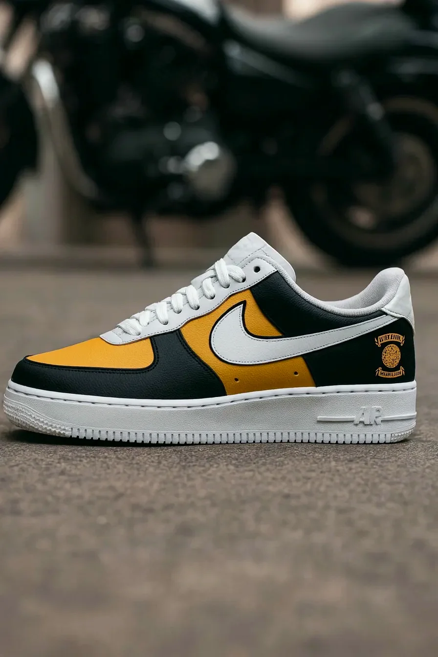 Custom Air Force 1 Low White Gold Black Biker Hand Painted Sneakers 001