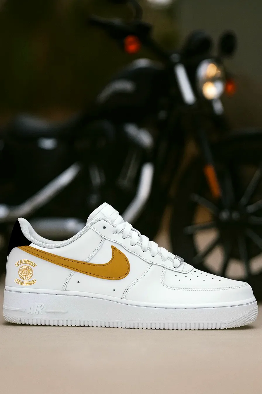 Custom Air Force 1 Low White Gold Clean Biker Hand Painted Sneakers 001