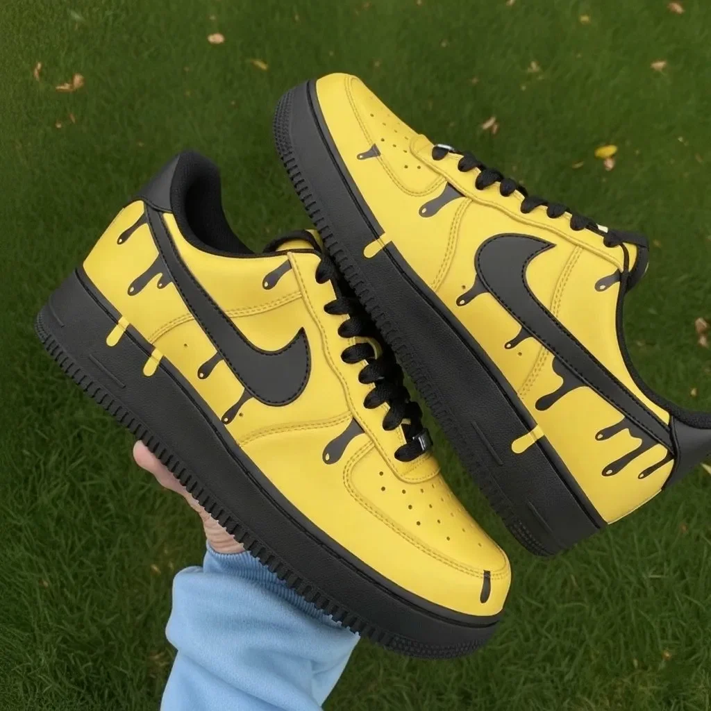 Custom Air Force 1 Low Yellow Black Drip Hand Painted Sneakers 001